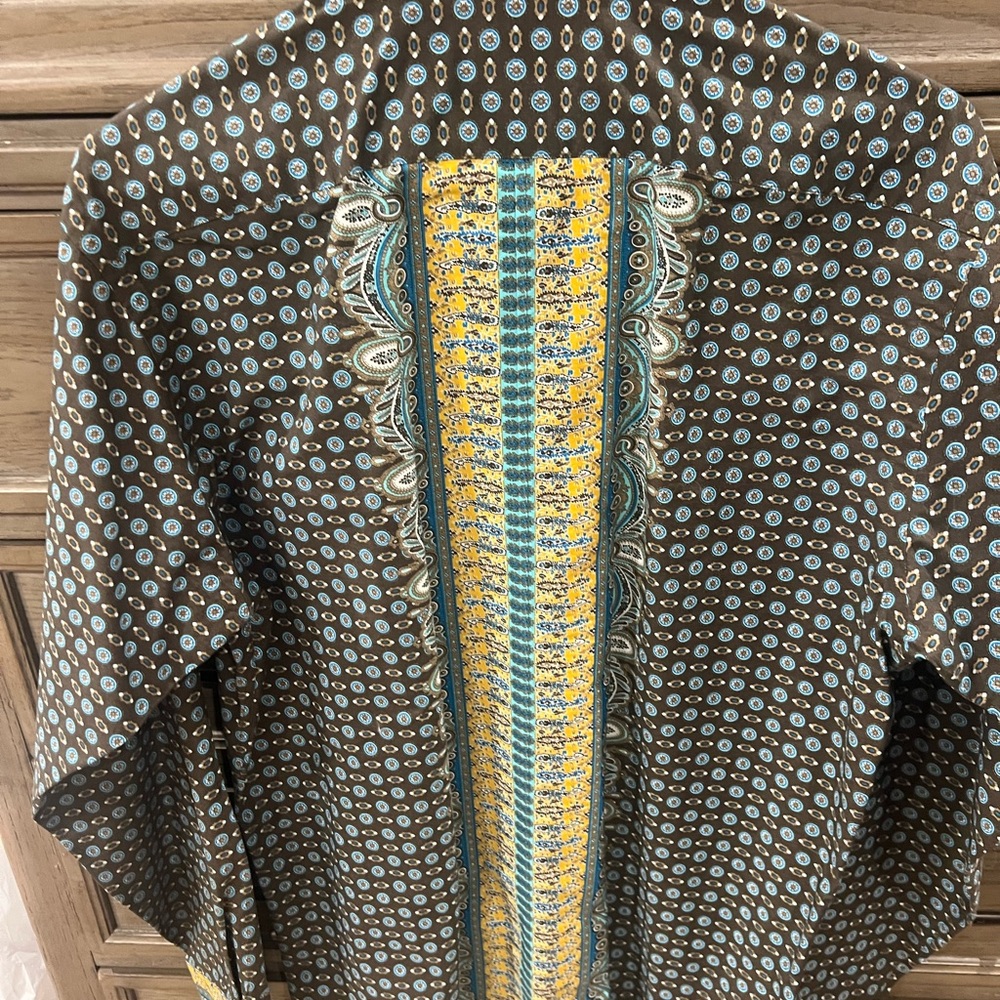 Thomas Dean Brown Button-Down Shirt with Blue Dot Pattern